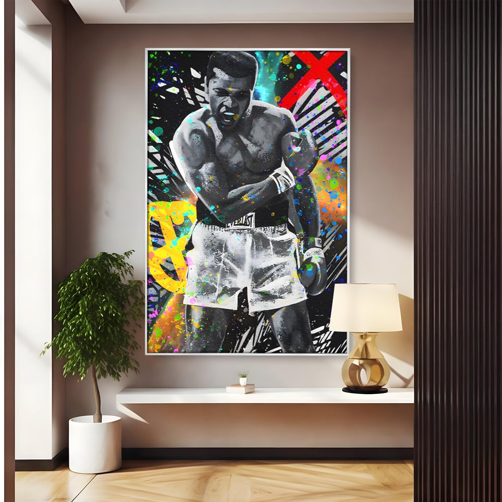 Tablou canvas cu tablou canvas cu muhammad ali in alb si negru, in rama de aluminiu argintiu